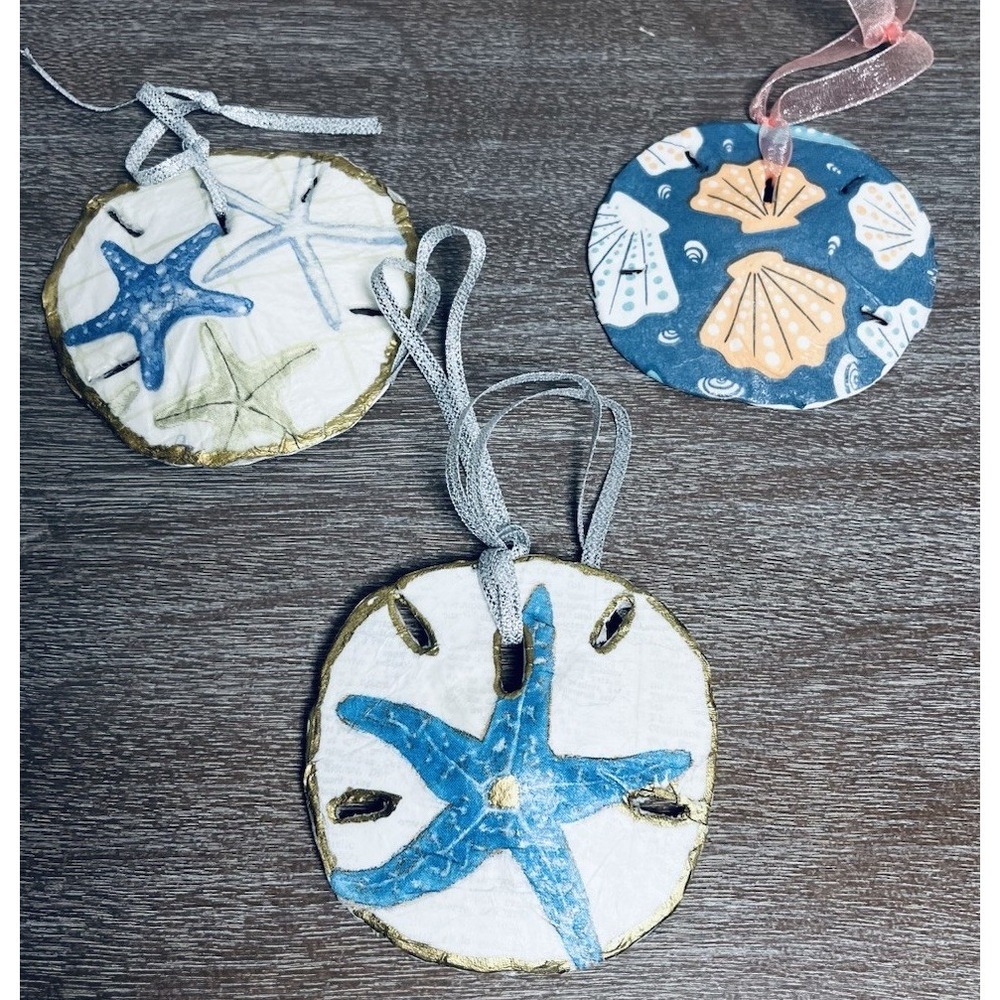 Sand Dollar Ornament - Star Fish - Nautical Beach Sea Shell Decoupage Art